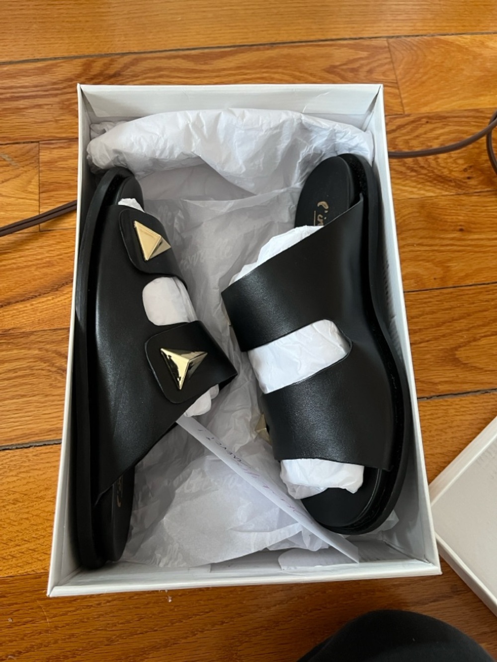 L'INTERVALLE Black Slide Sandals with Gold Accents